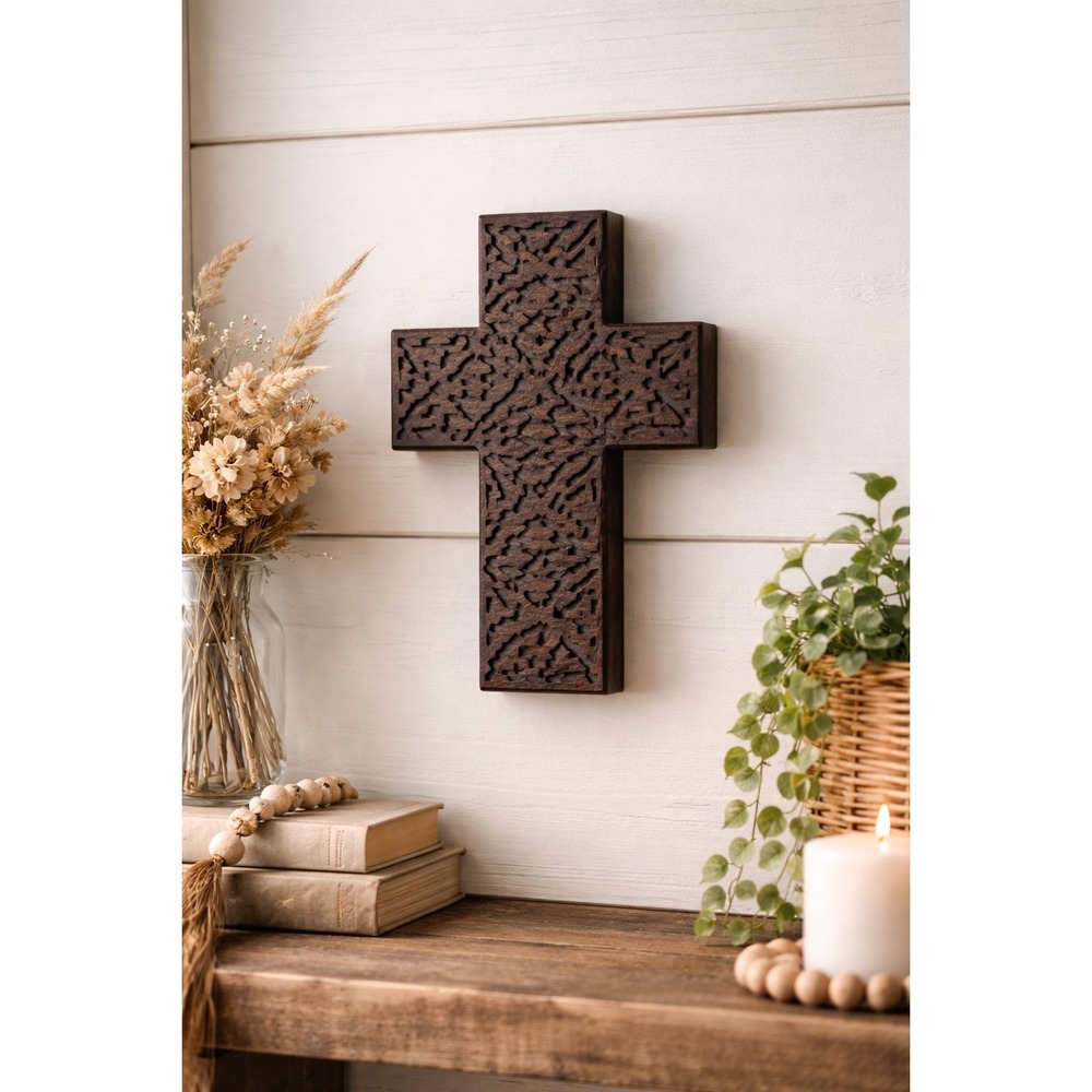 Carved Wooden Cross Wall Decor Rustic Geometric Pattern Boho Farmhouse 9"